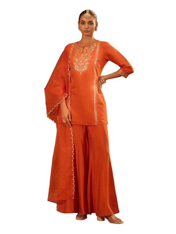 Women’s Orange Viscose Chanderi Embroidered Ethnic Straight Kurta Set with Dupatta