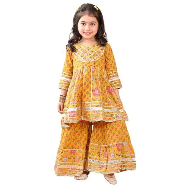 Girls Cotton Floral Printed Gotta Work 3/4 Sleeves Flared Design Kurti & Sharara Set