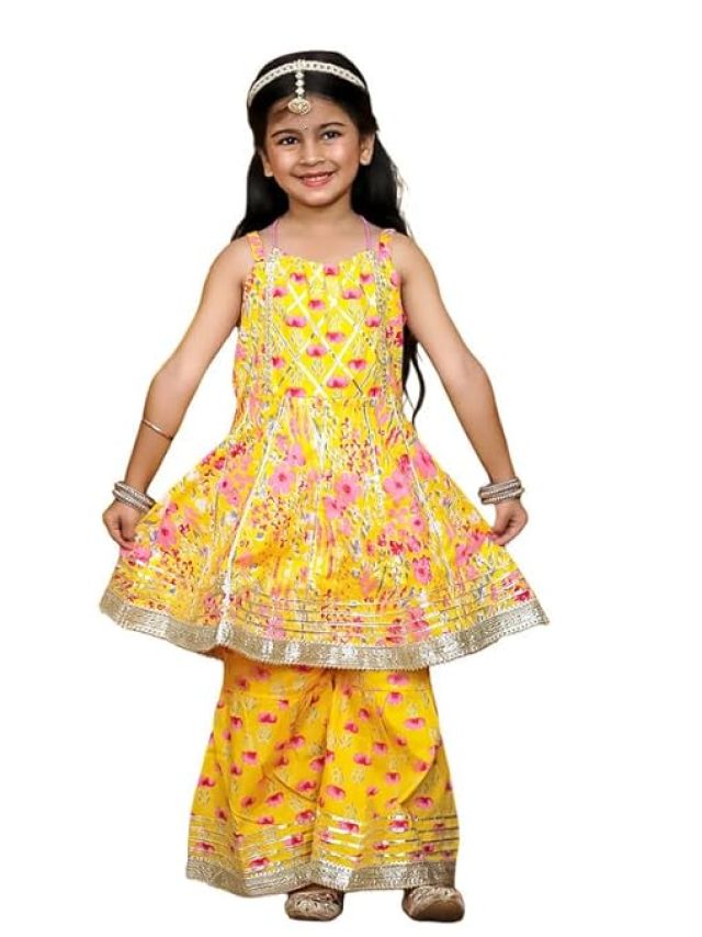 Anarkali Sharara Set for Baby Girls, Cotton, Traditional Ethnic Wear for Kids Girls