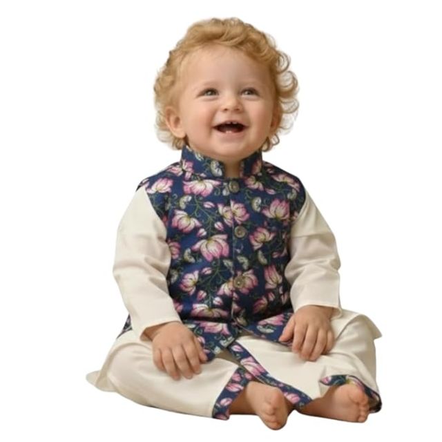 Baby Boys Ethnic Kurta Dhoti Set with Printed Nehru Jacket | Traditional Indian Festive Clothing Set| Elegant Wedding Celebration Outfit | Premium 3 Piece Kurta Set