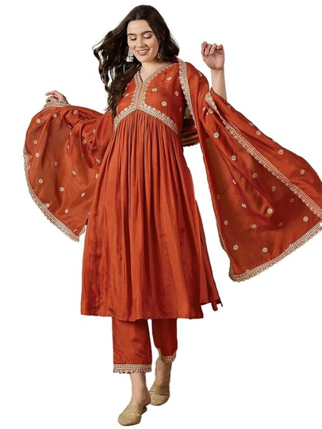 She Will Women's Orange Vichitra Silk Alia Cut Kurta Set with Zari Sequence Chain Work, Pant & Dupatta | Kurta with Embroidery for Women