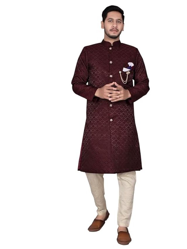 Men's Indo Western Sherwani Set with Traditional Heavy Jacquard Mandarin Collar Full Sleeves Button Closure Kurta and Solid Cotton Pyjama