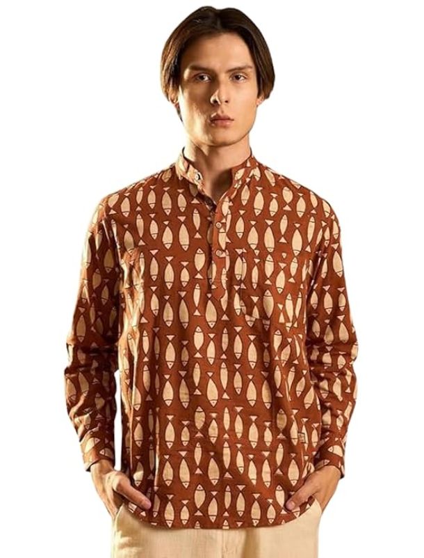 Men’s Cotton Blend Printed Long Sleeve Short Kurta | Stylish Casual & Ethnic Wear | Comfortable Mandarin Collar Kurta for Daily, Festive & Party Outfits