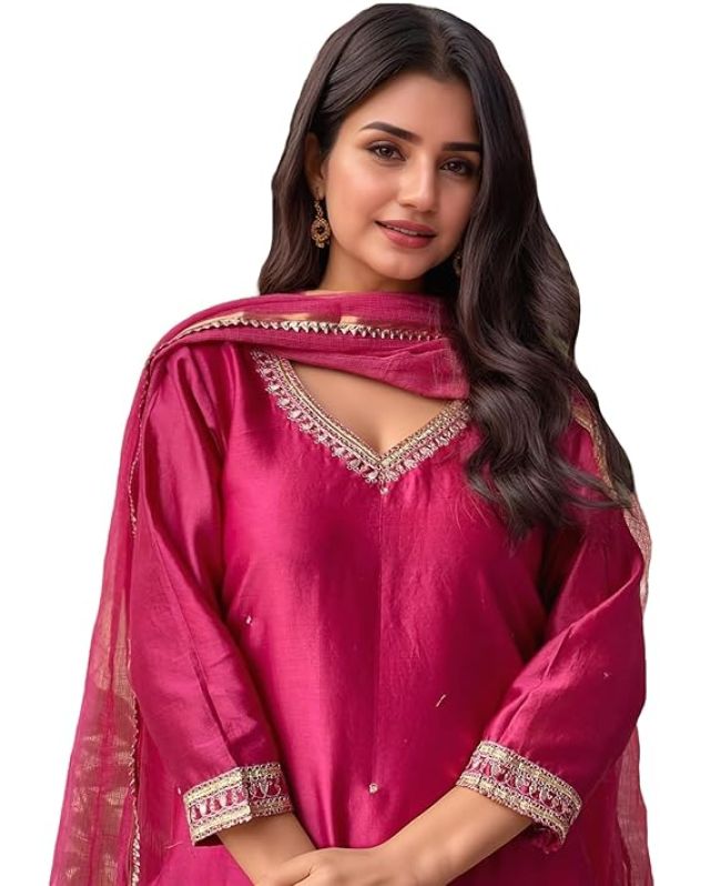 ANNI Designer Women's Pure Cotton Kurta Plazzo Dupatta Set | Hand Embroidered Neck Design | Ethnic Wear Kurti Set for Women Cotton Suit Set | Traditional Festive Dress for Women
