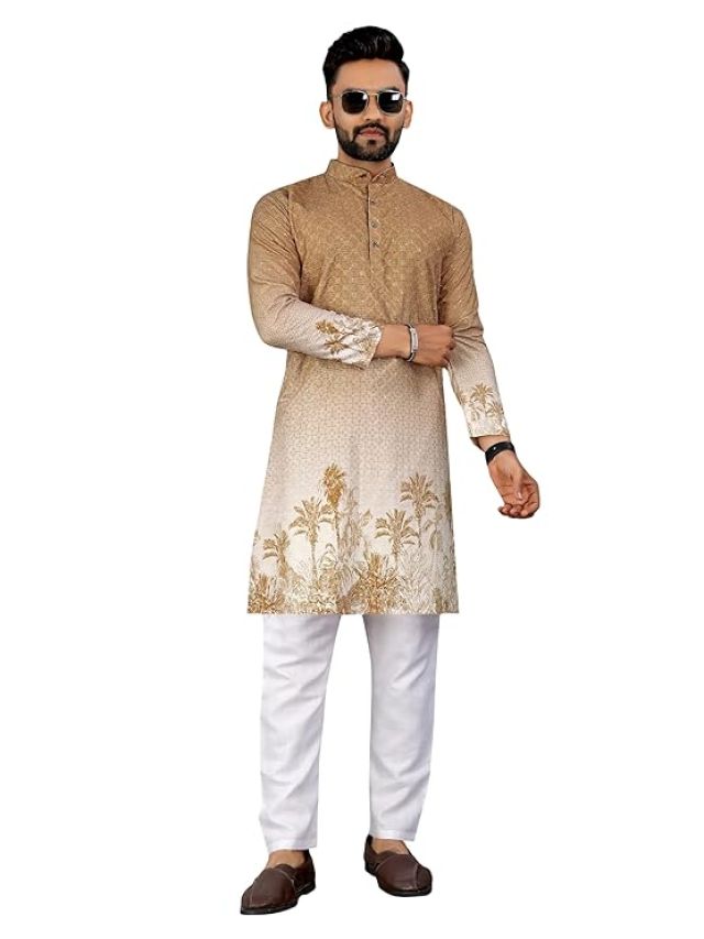 Sky Blue Floral Printed Rayon Designer Kurta for Men | Mandarin Neck Full Sleeves Crochet Work | Printed Kurta Wedding,Haldi & Sangeet|